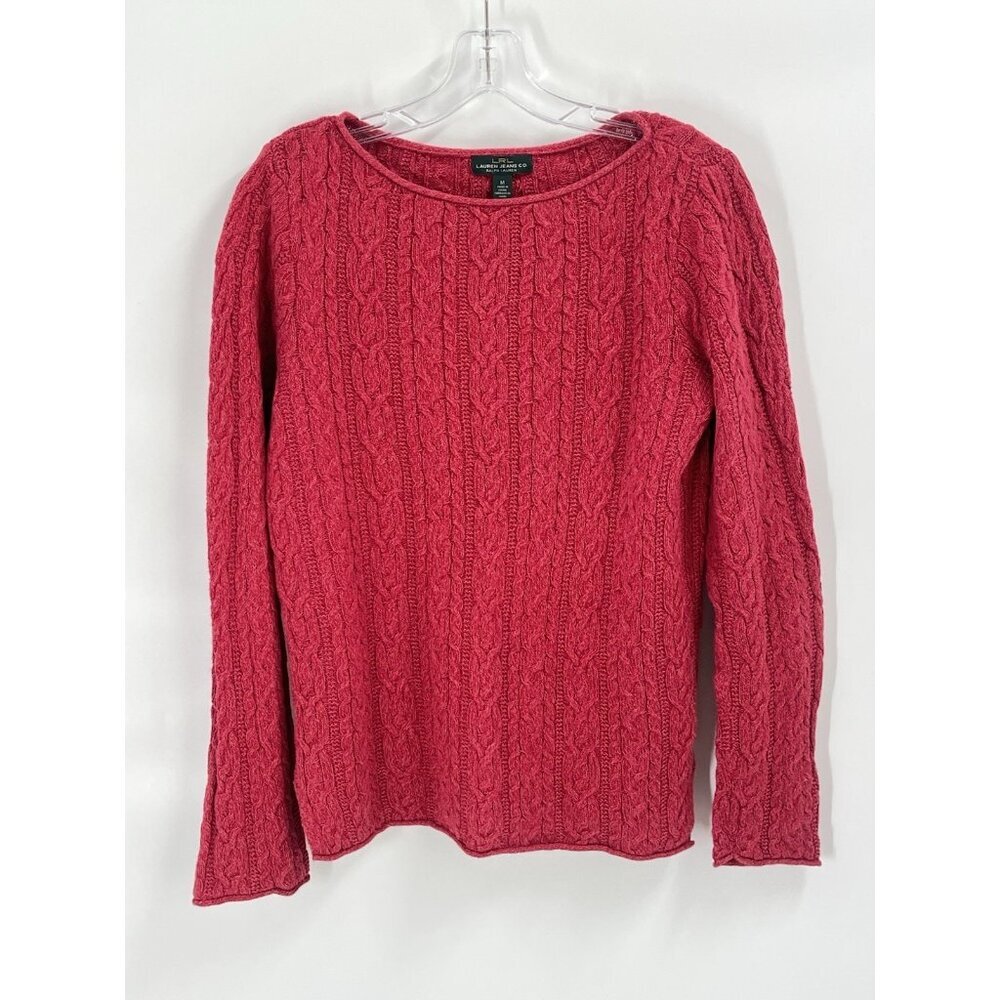 Ralph Lauren Red Cable Knit Crew Neck Sweater Cotton Sz M Preppy Old Money
